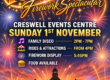 Event poster for the Creswell Events Centre Firework Spectacular on Sunday, 1st November.