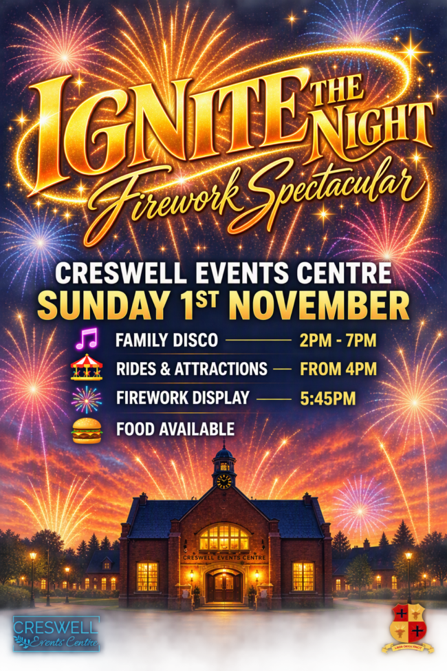 Event poster for the Creswell Events Centre Firework Spectacular on Sunday, 1st November.